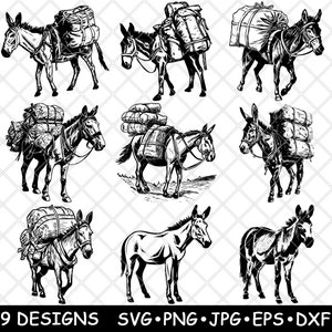 Esel Maultier Burro Esel Geladen Gepackt Carreta Pferde Bauernhof Laser Datei SVG PNG JPG Brennen Bild Schneide Vektor Untersetzer Schwarz Weiß Cnc Holz