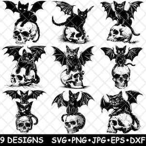 Schedel zwarte kat vleermuis vleugels spookachtig skelet donker Halloween laserbestand SVG PNG JPG grijswaarden afbeelding branden gesneden vector Coaster wit CNC hout0+0000