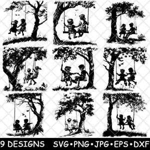 Deux enfants arbre balançoire ludique enfance nature extérieur fichier laser SVG PNG JPG niveaux de gris gravure image coupe vecteur sous-verre noir blanc cnc bois