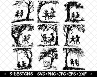 Paquete SVG de niños en un columpio de árbol / Imágenes prediseñadas infantiles para arte mural, pegatinas, manualidades con Cricut, grabado láser y decoración infantil