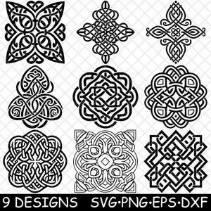May include: Nine black and white Celtic knot designs. The designs are intricate and detailed, and they would be perfect for use in a variety of crafts and projects.