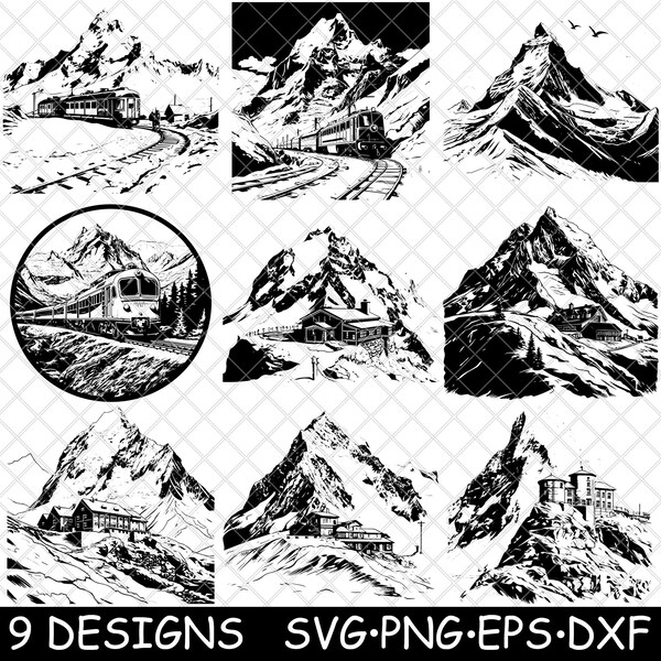 Zwitserse Alpen Jungfraujoch Jungfrau Alpine Plateau Trein Bergijs SVG, Dxf, Eps, PNG, Cricut, Silhouet, Knippen, Laser, Stencil, Iron-on, Clipart, Print