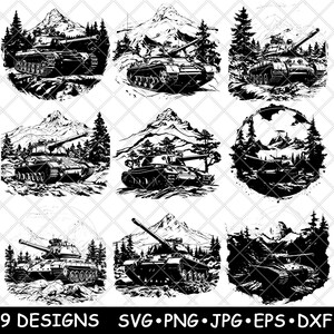May include: Nine black and white vector illustrations of tanks in a mountainous landscape. Each design features a tank with a mountain range and trees in the background.