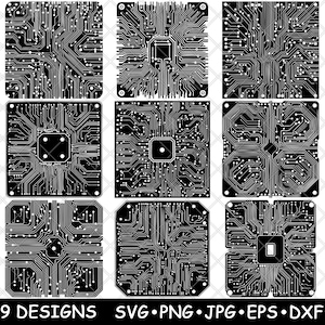 Könnte beinhalten: Neun schwarz-weiße Platinen-Designs. Die Designs sind quadratisch und zeigen verschiedene Platinenmuster.