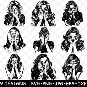 Mujer cubriéndose la cara, emocional, triste, depresión, ansiedad, arte, archivo láser, SVG, PNG, JPG, escala de grises, imagen quemada, corte, vector, posavasos, negro, blanco, CNC, madera