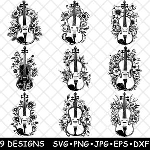 Skrzypce Kwiatowa Muzyka Orkiestra Smyczkowa Instrument Strunowy Laser Plik SVG PNG JPG Skala Szarości Wypal Obraz Wytnij Wektor Podkładka Czarny Biały Cnc Drewno