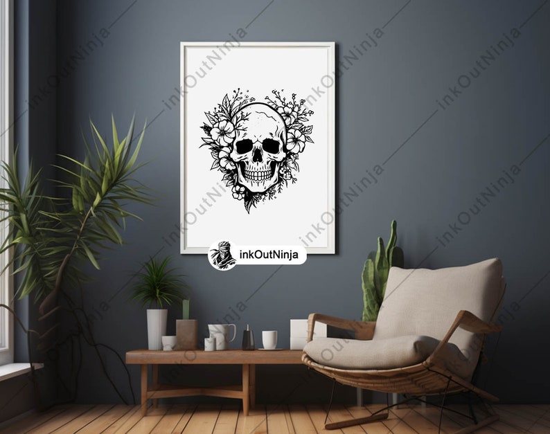 May include: Black and white illustration of a skull with flowers around it. The skull is surrounded by a wreath of flowers, including roses and leaves. The image is on a white background.
