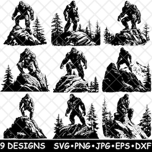 May include: Nine black and white silhouette designs of Bigfoot standing on a rock formation. Each design features Bigfoot in a different pose, with some designs including trees and mountains in the background.