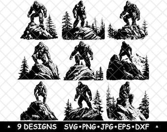 Bigfoot Sasquatch Bundle Forest Cryptid SVG Czarno-biały Yeti Vector do grawerowania laserowego