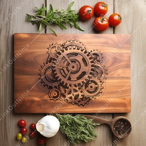 May include: A wooden cutting board with a laser-engraved design of interlocking gears. The board is brown and has a natural wood grain.
