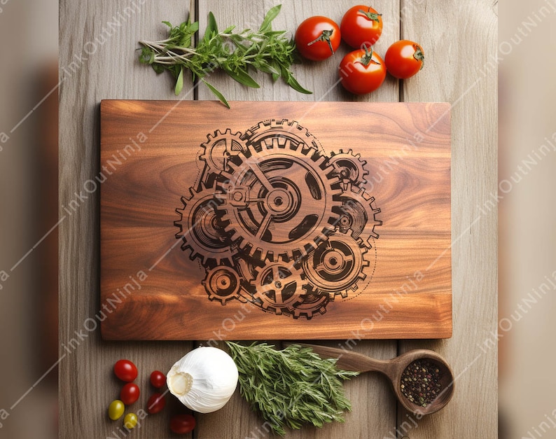 May include: A wooden cutting board with a laser-engraved design of interlocking gears. The board is brown and has a natural wood grain.