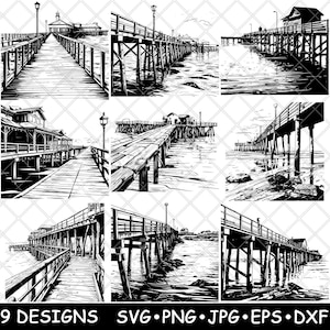Muelle oceánico antiguo, muelle, puerto marítimo, paseo marítimo costero, archivo láser, SVG, PNG, JPG, escala de grises, imagen quemada, corte vectorial, posavasos, blanco y negro, CNC, madera