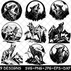 Majestic Wolf Bundle Wild Animal Silhouette Vector Mountain Wolf Clipart for Cricut & Laser Engraving