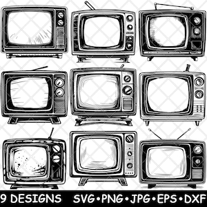 May include: Nine black and white illustrations of vintage television sets with different styles of knobs and antennas. The televisions are all rectangular with a screen and a frame.