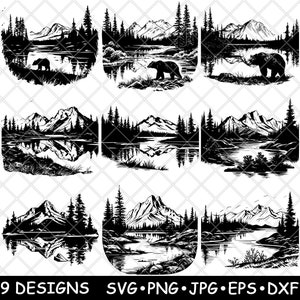 Parque Nacional del Lago Clark, Alaska, Glaciar, Montaña Grizzly, Archivo Láser, SVG, PNG, JPG, Escala de Grises, Quemar Imagen, Cortar, Vector, Posavasos, Negro, Blanco, CNC, Madera