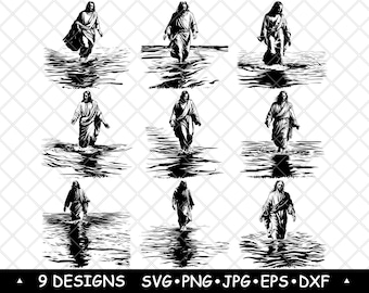 Jesus Walking on Water SVG Bundle Christian Miracle Clipart Biblical Faith Vector Laser Engraving