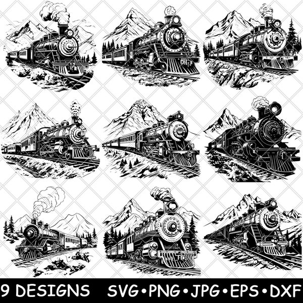 Steam Engine Train Locomotive Vintage Old Railway Tracks Railroad SVG,Dxf,Eps,PNG,Cricut,Silhouette,Cut,Laser,Stencil,Iron-on,Clipart,Print