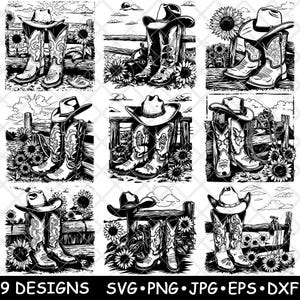 Rustikal Zaun Sonnenblumen Feld Cowboy Stiefel Hut Wilder Westen Laser-Datei SVG PNG JPG Graustufen Brennen Bild Schnitt Vektor Untersetzer Schwarz Weiß Cnc Holz