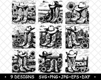 Rustic Fence Sunflowers Field Cowboy Boots Hat Wild West Laser File SVG PNG JPG Grayscale Burn Image Cut Vector Coaster Black White Cnc Wood