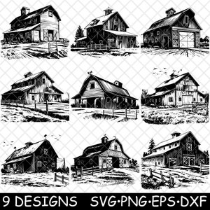 Grange rustique ferme agriculture rurale bétail écurie fichier laser SVG PNG JPG niveaux de gris gravure image coupe vecteur dessous de verre noir blanc cnc bois