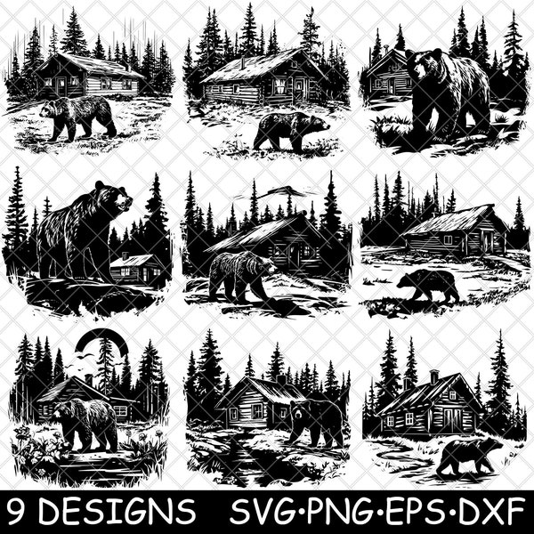 Rustic Cabin Grizzly Bear Pine Tree Brown Black Log Cottage Wild SVG,Dxf,Eps,PNG,Cricut,Silhouette,Cut,Laser,Stencil,Iron-on,Clipart,Print