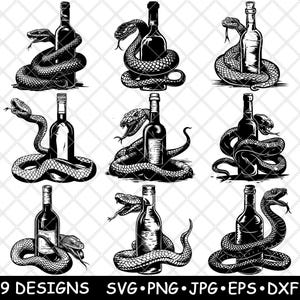 Garrafa de vinho de cobra Serpente enrolada Veneno Tentação Selvagem Laser Arquivo SVG PNG JPG Tons de cinza Imagem queimada Corte Vetor Coaster Preto Branco Cnc Madeira