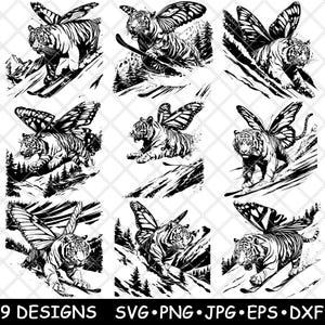 Tiger Schmetterling Winter Ski Fantasy Hybrid Skiing Tier Laserdatei SVG JPG PNG Graustufen Brennen Schnitt Bild Untersetzer Schwarz Weiß Cnc Holz