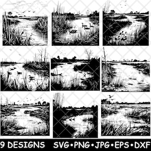 Swamp Marsh Wetland Water Grass Forest Pond Countryside Laser File SVG PNG JPG Grayscale Burn Image Cut Vector Coaster Black White Cnc Wood