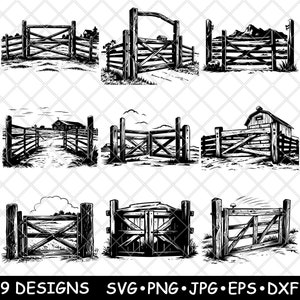 農場の門の入り口、牧場の障壁、フェンス、農村の境界、レーザーファイル、SVG、PNG、JPG、グレースケール、焼き込み画像、カット、ベクター、コースター、黒、白、CNC、木材