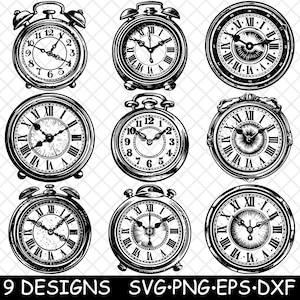 May include: Nine black and white vintage clock designs. The clocks are in various styles, including alarm clocks, pocket watches, and wall clocks. Each clock features Roman numeral markings and intricate details.