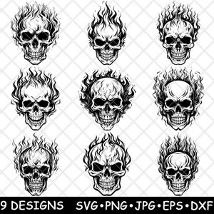 Vlammende schedel vuur brandend skelet Inferno Halloween laserbestand SVG PNG JPG grijswaarden afbeelding branden gesneden vector Coaster zwart wit CNC hout