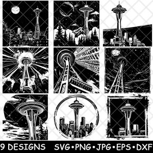 Space Needle Nadel, Nadel, Nadel, Observation Tower, Wahrzeichen Skyline Laser-Datei SVG PNG Brennen Bild geschnitten Cricut Untersetzer Schwarz weiß Cnc Holz
