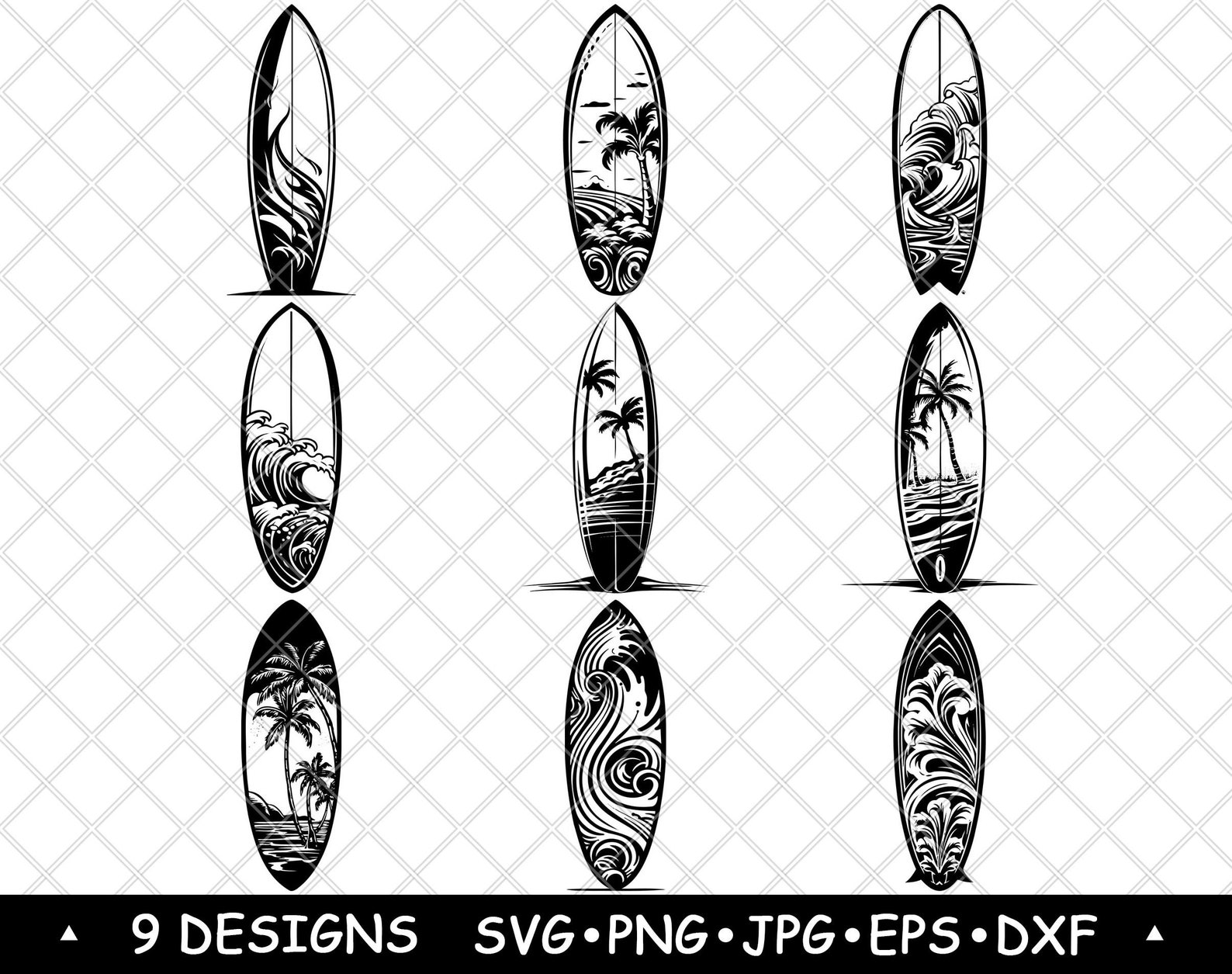 Surfboard SVG Tropical Wave Clipart Beach Board Vector Art Coastal ...