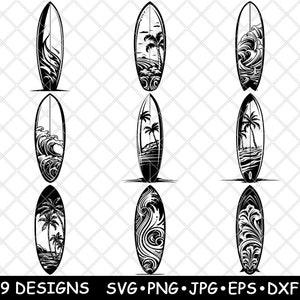 Tabla de surf tropical playa palmera surfista océano ola verano archivo láser SVG PNG JPG escala de grises quemar imagen cortar vector posavasos negro blanco CNC madera