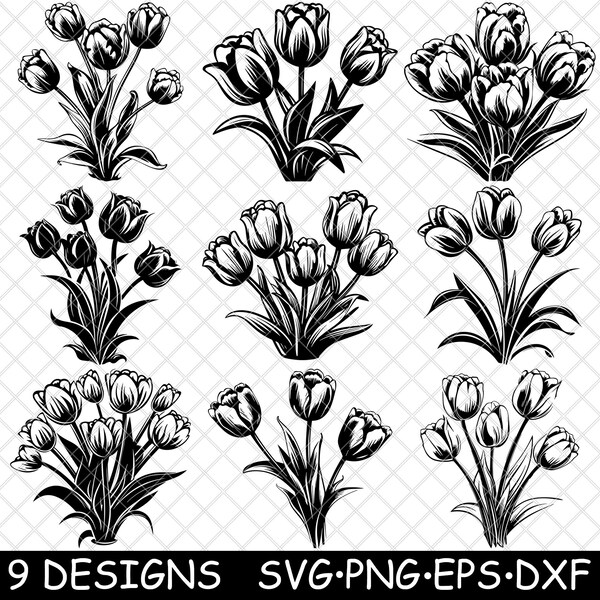 Tulips Spring Flower Plant Red Pink Yellow Bulb Bouquet PNG,SVG,EPS,Cricut,Silhouette,Cut,Engrave,Stencil,Sticker,Decal,Vector,Clipart,Print