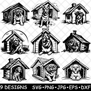 Niche pour chien, abri pour chien, extérieur pour animaux de compagnie, fichier laser SVG PNG JPG en niveaux de gris, image à graver coupée vecteur sous-bock noir blanc bois CNC