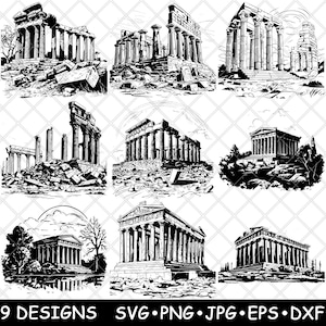 May include: Nine black and white line drawings of ancient Greek temples. The temples are depicted in various states of ruin and repair, with some showing columns and pediments, while others are more fragmented. The drawings are set against a white background.