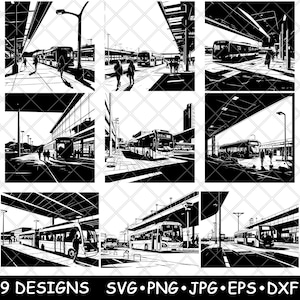 Terminal de ônibus, centro de trânsito, moderno, urbano, passageiro, laser, arquivo SVG, PNG, JPG, escala de cinza, imagem queimada, corte vetorial, montanha-russa, preto, branco, madeira cnc