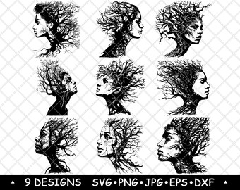 Tree Woman Fantasy Dryad Portrait SVG PNG Botanical Female Face Clipart Cricut Laser Art