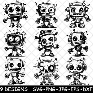 May include: Nine black and white cartoon robot illustrations. Each robot has a different expression and design. The robots are all in a playful, cartoon style.