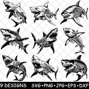 May include: Nine black and white shark designs in various poses, some with skeletal details. The image includes the text "9 DESIGNS SVG PNG JPG EPS DXF".