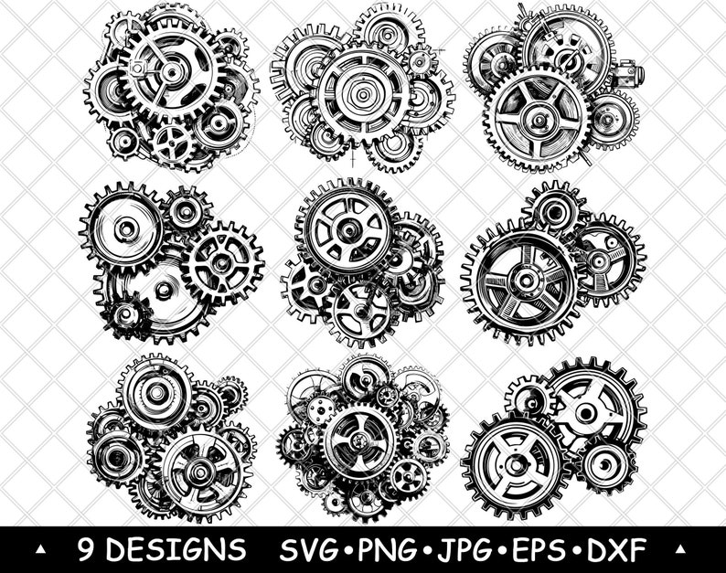 May include: Nine black and white illustrations of intricate gear designs. Each design features a cluster of gears of varying sizes, creating a visually appealing and complex pattern.