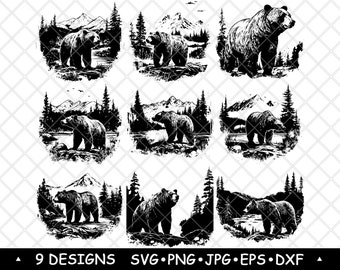 Grizzly Bear SVG Bundle Mountain Wildlife Clipart Forest Animal Designs Laser Engraving Print Decor