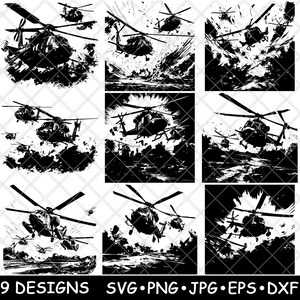 May include: Nine black and white illustrations of helicopters flying in a variety of poses. The helicopters are depicted in a stylized, graphic style, with bold lines and strong contrasts. The illustrations are set against a background of clouds and smoke, suggesting a sense of action and movement.