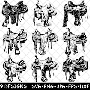 Set di selle western, attrezzatura da cowboy, accessori per ranch, file SVG e PNG, set di stampe vettoriali in bianco e nero.