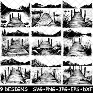 Dok meer houten pier berglandschap pijnbomen bos laserbestand SVG PNG JPG grijswaarden afbeelding branden gesneden vector Coaster zwart wit CNC