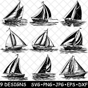Voilier Yacht Sloop Cutter Mer Catamaran océan paysage marin Fichier laser SVG PNG JPG en niveaux de gris Image de gravure coupe vecteur Coaster noir blanc Cnc bois