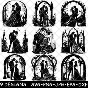 Gothic Paar Hochzeit Dark Romance Viktorianische Schwarze Spitze PNG, SVG, EPS, Cricut, Silhouette, Schneiden, Gravieren, Schablone, Aufkleber, Aufkleber, Vektor, Clipart, Drucken
