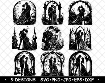 Gothic Wedding Couple Clipart Bundle Romantic Silhouettes with Arches and Roses for Engraving & Dark Decor