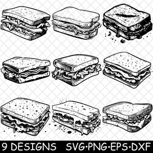 Sándwich Club, Pan de molde, Jamón, Queso, Pastel de carne, Arte, Archivo láser, SVG, PNG, JPG, Escala de grises, Imagen quemada, Corte vectorial, Posavasos, Negro, Blanco, CNC, Madera